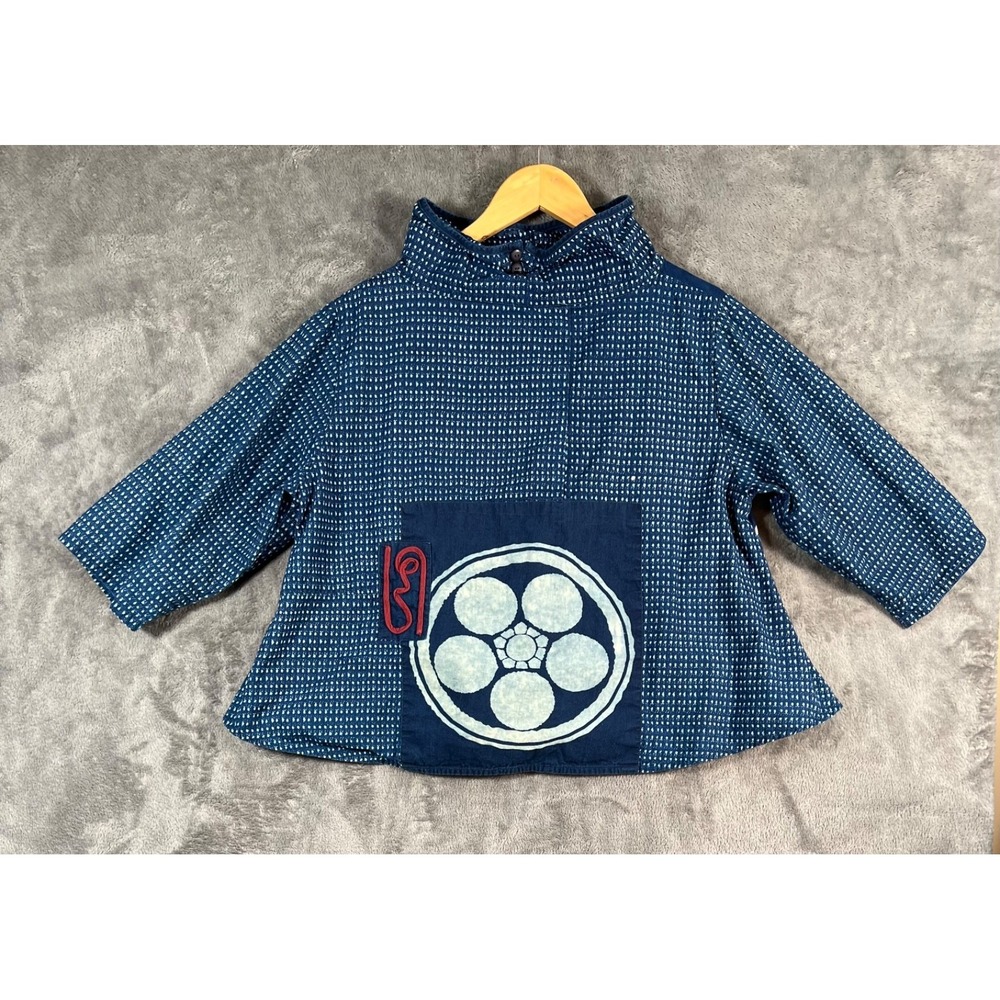 Mao Mom Thailand Top Indigo Blue Boxy Patchwork Artsy Abstract Lagenlook OS - Picture 2 of 10